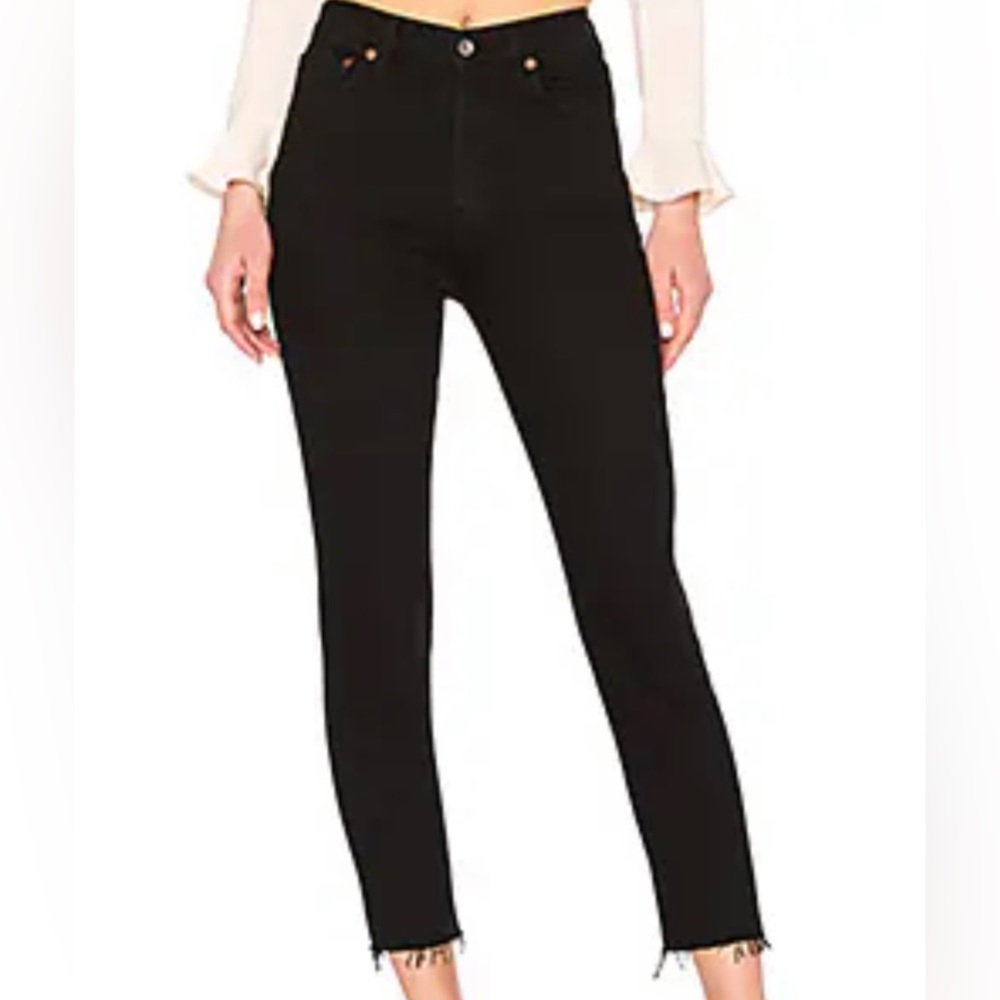 Agolde Nico High Rise Black Denim Jeans in Raven Black with Frayed Hem Revolve